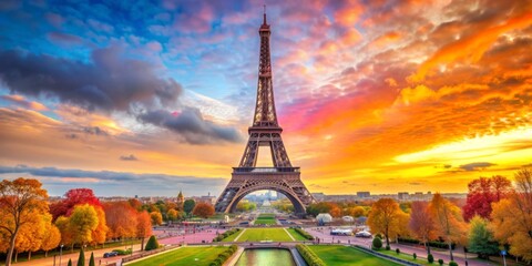 Obraz premium Eiffel Tower Sunset with Vibrant Sky and Autumn Trees, Paris, France, cityscape, golden hour, landmark