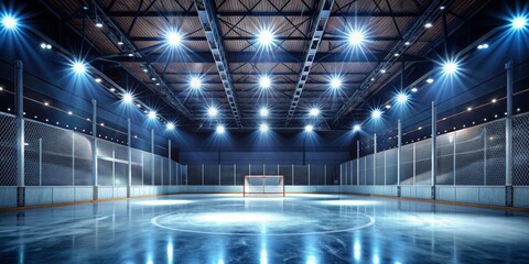 Empty Ice Hockey Rink with Spotlight Effects, Hockey Rink, Sport Lighting, Indoor Arena, Ice