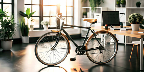 Fototapeta premium 3D Icon as Bicycle and office desk concept as A bicycle paired with an office desk representing sustainable transportation and business productivity perfect for isolated vector designs on a white back