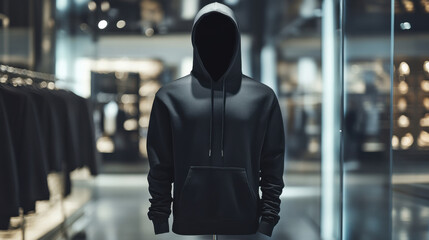 Mock up replica hoodie in stainless steel mannequin standing in luxurious shop.