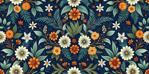 Floral Symphony Vibrant Orange and White Flowers on a Deep Blue Background, Floral Pattern, Botanical Art, Flower Design, Nature