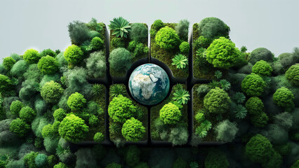 Aerial shot of a globe encircled by vibrant green blocks filled with lush plants. For environmental sustainability and green initiative concepts.