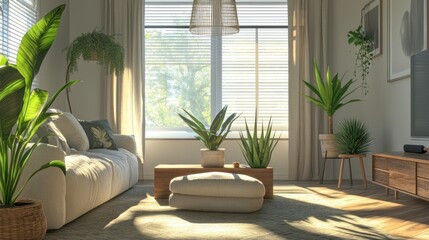 Modern Living Room Interior with Lush Greenery and Natural Light