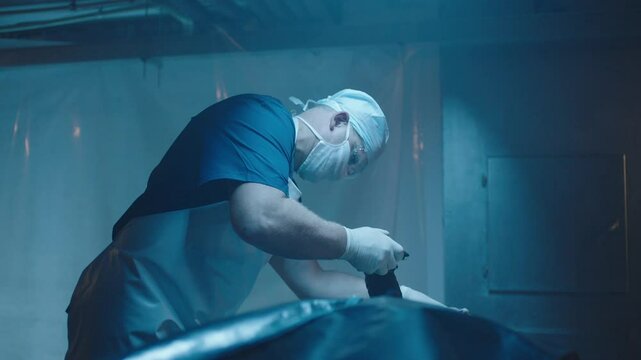 Mortician unzipping the bag with a body in it