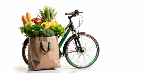 3D Icon as Electric bike and grocery bag concept as An electric bike paired with a grocery bag symbolizing eco friendly transportation and sustainable shopping habits ideal for isolated vector designs