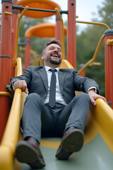 Fototapeta premium Businessman in a suit laughing while sitting on a playground swing, highlighting the importance of maintaining a playful attitude and balancing professional life with fun. 