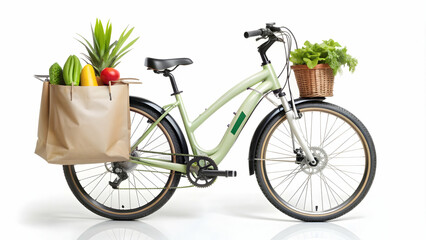 3D Icon as Electric bike and reusable shopping bag concept as An electric bike paired with a reusable shopping bag representing eco friendly transport and sustainable shopping habits perfect for isola