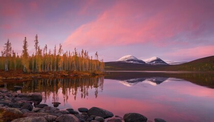  Tranquil lakeside sunset with mountain reflection