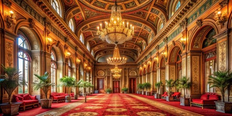 Obraz premium Grand Hallway with Red Carpet and Chandeliers, architecture, interior design, ornate, opulent, hallway
