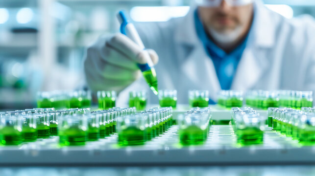Scientist examines samples in laboratory with green liquid, highlighting innovation in research and development of science.