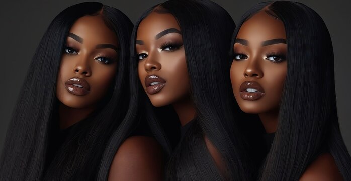 A group of three women with long black hair