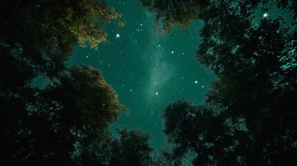 Obraz premium scene in the night sky, A green-toned night sky filled with twinkling stars, night time, green forest