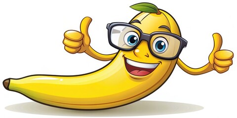 Happy Banana Cartoon Character with Glasses Giving Thumbs Up, Digital Illustration, White Background, Funny Fruit, banana, cartoon, illustration