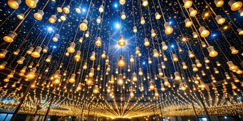 Illuminated Night Sky A Symphony of Lights, Low Angle Perspective, Thousands of Hanging Light Bulbs Against a Blue Twinkling Sky, Festive Illumination, Night Market, City Lights, Glowing Bulbs
