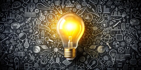 Illuminating Ideas A Glowing Lightbulb on a Chalkboard Filled with Hand-Drawn Concepts, Ideas, and Inspiration, inspiration , creativity , brainstorming , ideas