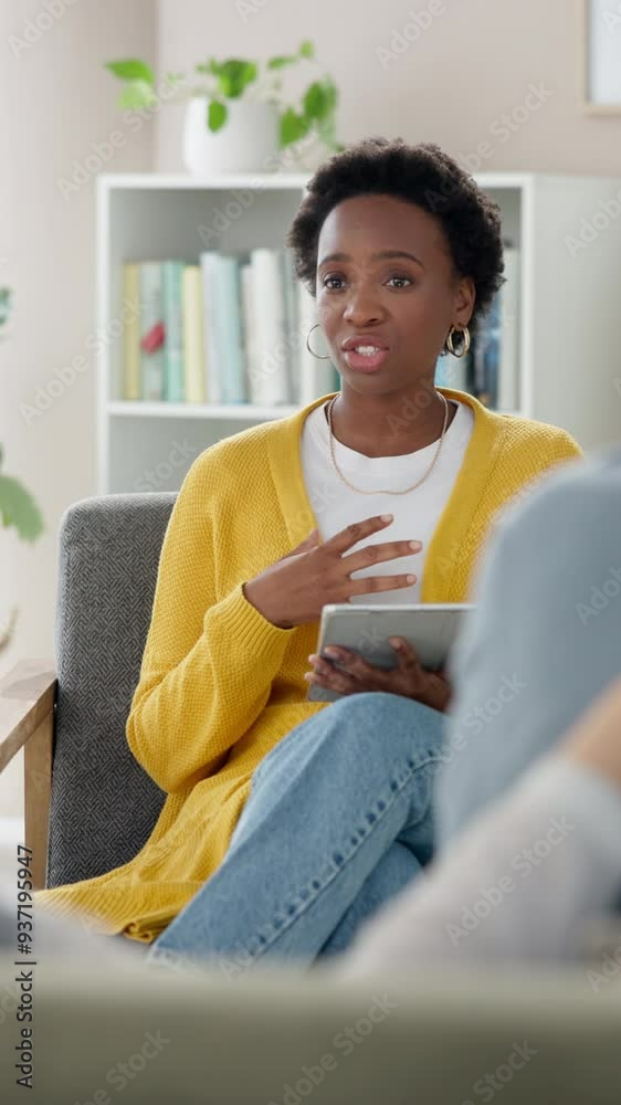 Poster Black woman, psychologist and tablet in office, listening or professional with career ambition, connection or internet. Talk, couple counselling or employee with technology, skills and app for notes