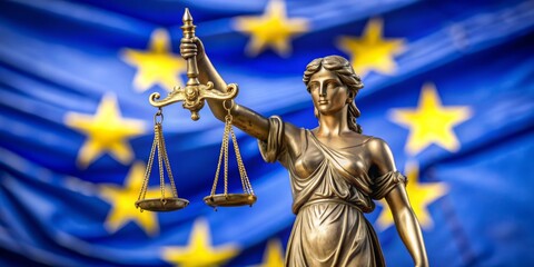 Lady Justice and the EU Flag, Golden Statue, Scales of Justice, European Union Law, Justice, Law, EU