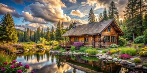 Naklejka premium Log Cabin Reflection in Serene Lake, Water Reflection, Log Cabin, Mountain Lake, Peaceful Nature