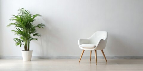 Fototapeta premium Minimalist Interior Design with White Chair and Green Plant, White Background, Chair, Minimalism, Home Decor