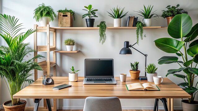 A modern, sleek, and organized home office workspace with a laptop, notebook, and decorative plants, representing versatility and productivity in a minimalist setting.
