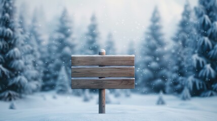 Fototapeta premium Wooden Signboard in Snowy Winter Forest with Snowflakes Falling and Pine Trees in Background