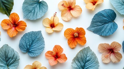 Fototapeta premium Vibrant Small Tangerine and Aqua Blue Summer Leaves with Hibiscus Flowers on White Background - Minimalistic High Resolution Detailed Botanical Photo