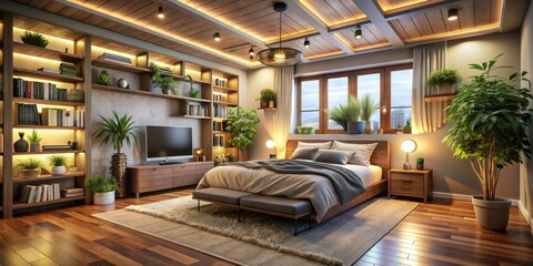 Modern Bedroom Interior with Wooden Ceiling, Recessed Lighting, and Plants, bedroom , interior design , lighting , home decor
