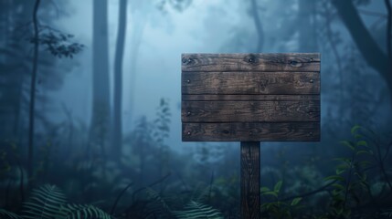 Fototapeta premium Wooden Signboard in Mysterious Foggy Forest with Dense Trees and Ferns