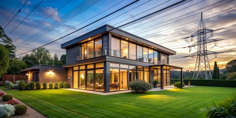 Obraz premium Modern House with Sunset and Power Lines, Modern Architecture, Power Lines, Sunset, Evening