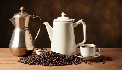 Aromatic coffee beans a silver espresso maker and a white teapot on a rustic wooden table