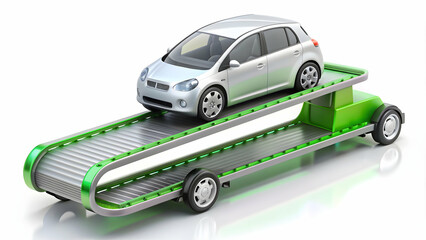 3D Icon as Electric vehicle and conveyor belt concept as An electric vehicle paired with a conveyor belt symbolizing eco friendly transportation and modern manufacturing ideal for isolated vector desi
