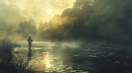 Fly fisherman fishing for pike in a river.