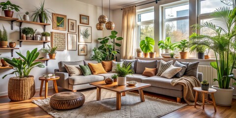 Fototapeta premium Modern Living Room with Gray Sofa and Plants, Wide Shot Composition, Featuring Indoor Greenery and Wooden Accents, Home Decor, Interior Design, Modern Living, Plant Lovers