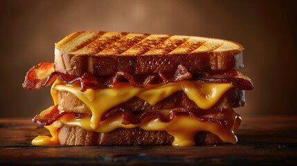 Close up of a bacon and cheese sandwich with melting cheese. Toasted bread with melting cheese and grilled bacon. Food photography for design and print. Delicious and appetizing concept. AIG51.