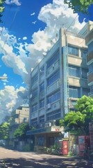 Fototapeta premium A detailed representation of a hospital building surrounded by greenery, set against a vivid blue sky with clouds