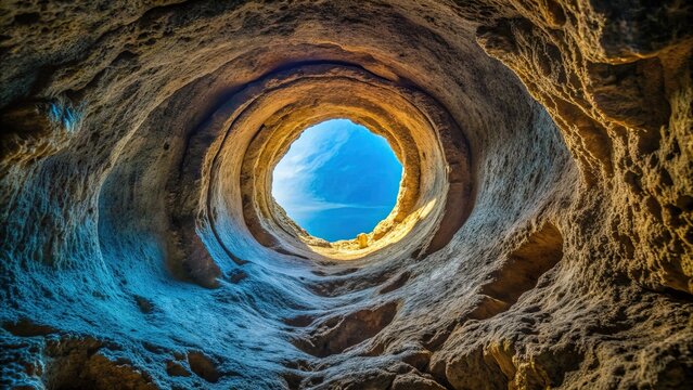 A narrow, winding hole carved into a weathered, stone-like surface, contrasting with a blurred, vibrant blue background, evoking a sense of mystery and exploration.