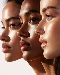 Obraz premium Three Young Women with Glowing Skin in Profile View Under Natural Light