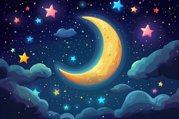 Naklejka premium moon in dark sky with colorful stars, cartoon style, vector