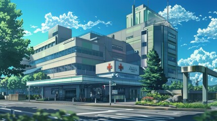 Obraz premium The anime-style hospital stands prominently, showcasing contemporary architecture and a peaceful environment under a bright sky