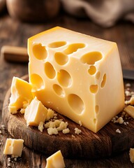 Close-Up of Swiss Cheese with Holes on Rustic Wooden Board with Crumbs