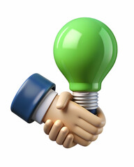 3D Icon as Green energy light bulb and business handshake concept as A green energy light bulb paired with a business handshake symbolizing innovative energy solutions and corporate partnerships ideal