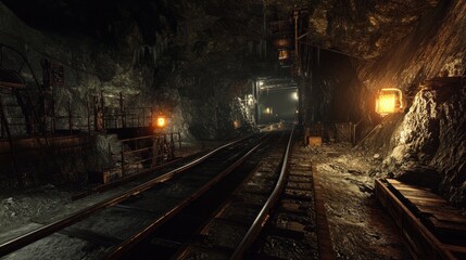 Obraz premium Dark and Abandoned Mining Tunnel with Train Tracks
