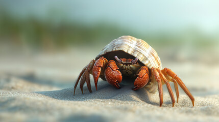 A hermit crab in its shell crawling on the sand by the sea, with its bright red claws standing out against the light-colored shell