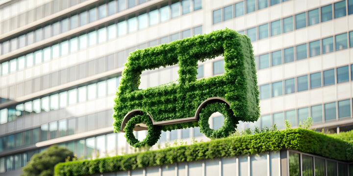 3D Icon as Green transportation icon and corporate building concept as A green transportation icon paired with a corporate building representing eco friendly commuting and corporate infrastructure per