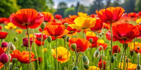 Fototapeta premium Poppy Field in Bloom, Red, Yellow, Flowers, Nature