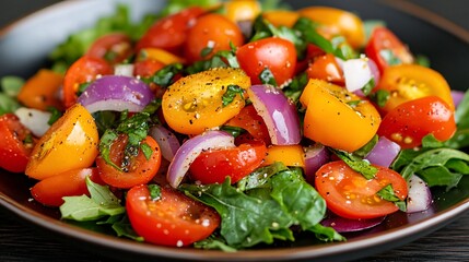 Fresh and Colorful Cherry Tomato Salad with Red Onions and Basil on a Black Plate