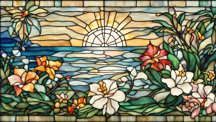 beautiful vintage stained glass, tropical island views, beautiful flowers © ainun
