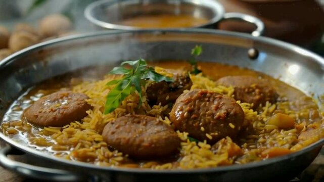 Appam, Hoppers and mutton stew Kerala breakfast food and Indian milk tea chai, christian breakfast India Sri Lanka Tamil Nadu 4K slow motion video footage fermented rice pan cake. Indian veg High qual