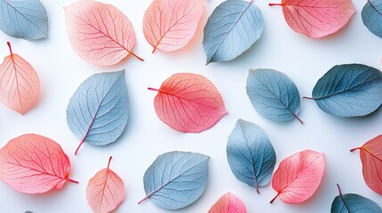 Fresh Spring Leaves and Azalea Petals in Mint Blue and Coral Pink on White Background