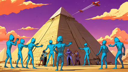 Fototapeta premium Aliens building the Egypt's pyramid using the futuristic advanced technology with people hailing the aliens by siting on the ground , cartoon style image 